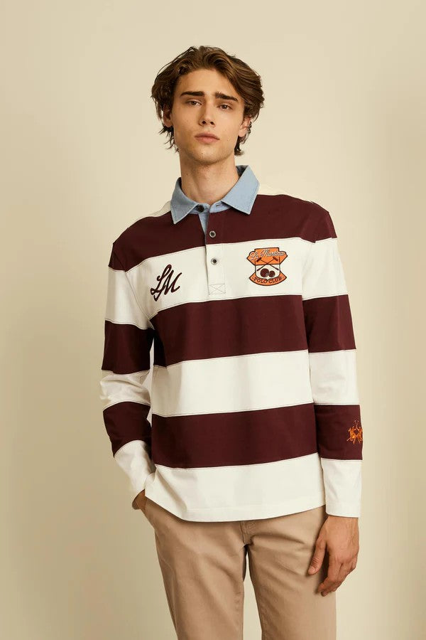Image of Men’s rugby polo in heavy cotton jersey with maxi stripe - Caleb Off White/Port Royal