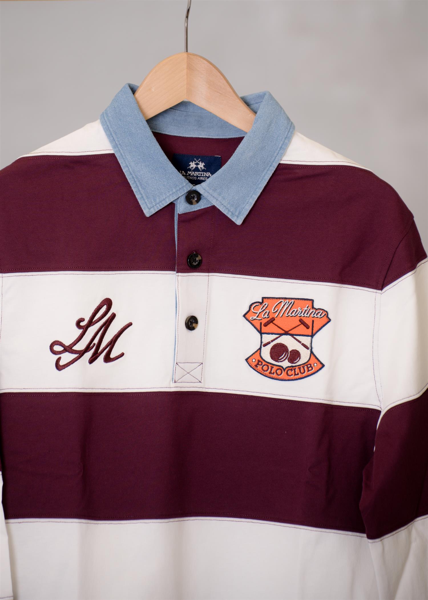 Image of Men’s rugby polo in heavy cotton jersey with maxi stripe - Caleb Off White/Port Royal