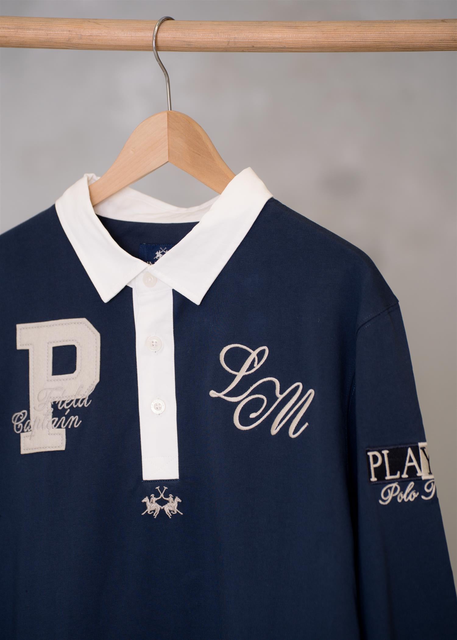 Image of Men’s long-sleeve heavy cotton jersey multi-patch polo - Crispian NAVY